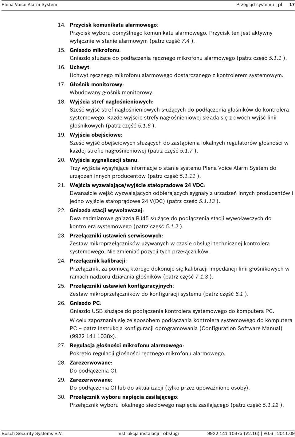 Uchwyt: Uchwyt ręcznego mikrofonu alarmowego dostarczanego z kontrolerem systemowym. 17. Głośnik monitorowy: Wbudowany głośnik monitorowy. 18.