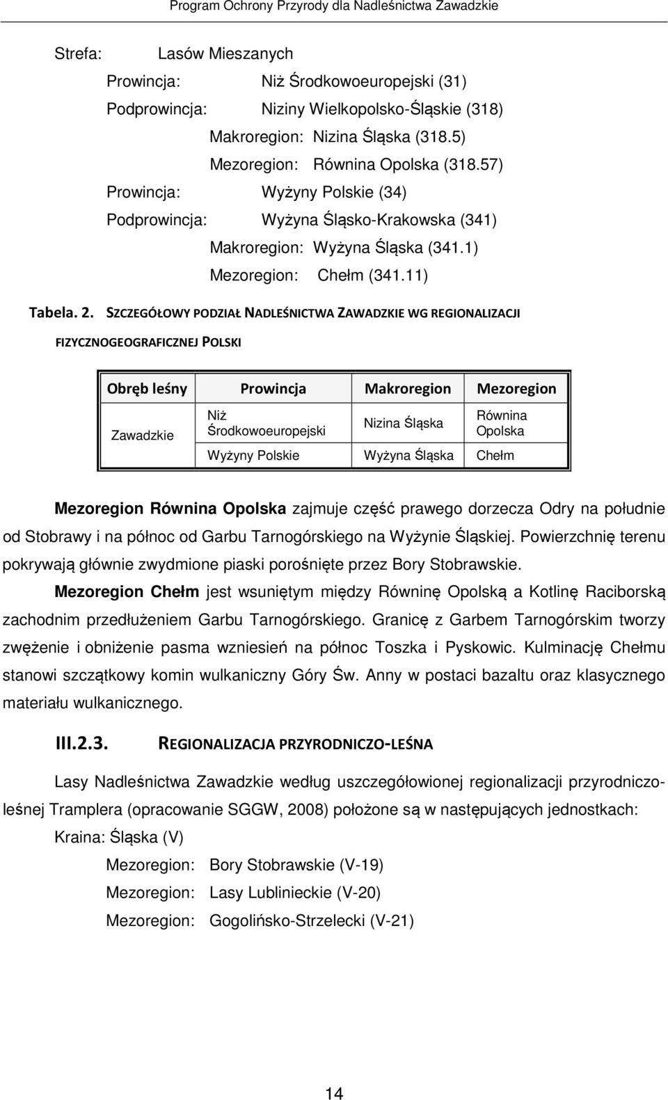 SZCZEGÓŁOWY PODZIAŁ NADLEŚNICTWA ZAWADZKIE WG REGIONALIZACJI FIZYCZNOGEOGRAFICZNEJ POLSKI Obręb leśny Prowincja Makroregion Mezoregion Niż Środkowoeuropejski Nizina Śląska Równina Opolska Wyżyny