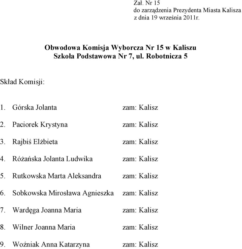 Różańska Jolanta Ludwika zam: Kalisz 5. Rutkowska Marta Aleksandra zam: Kalisz 6.