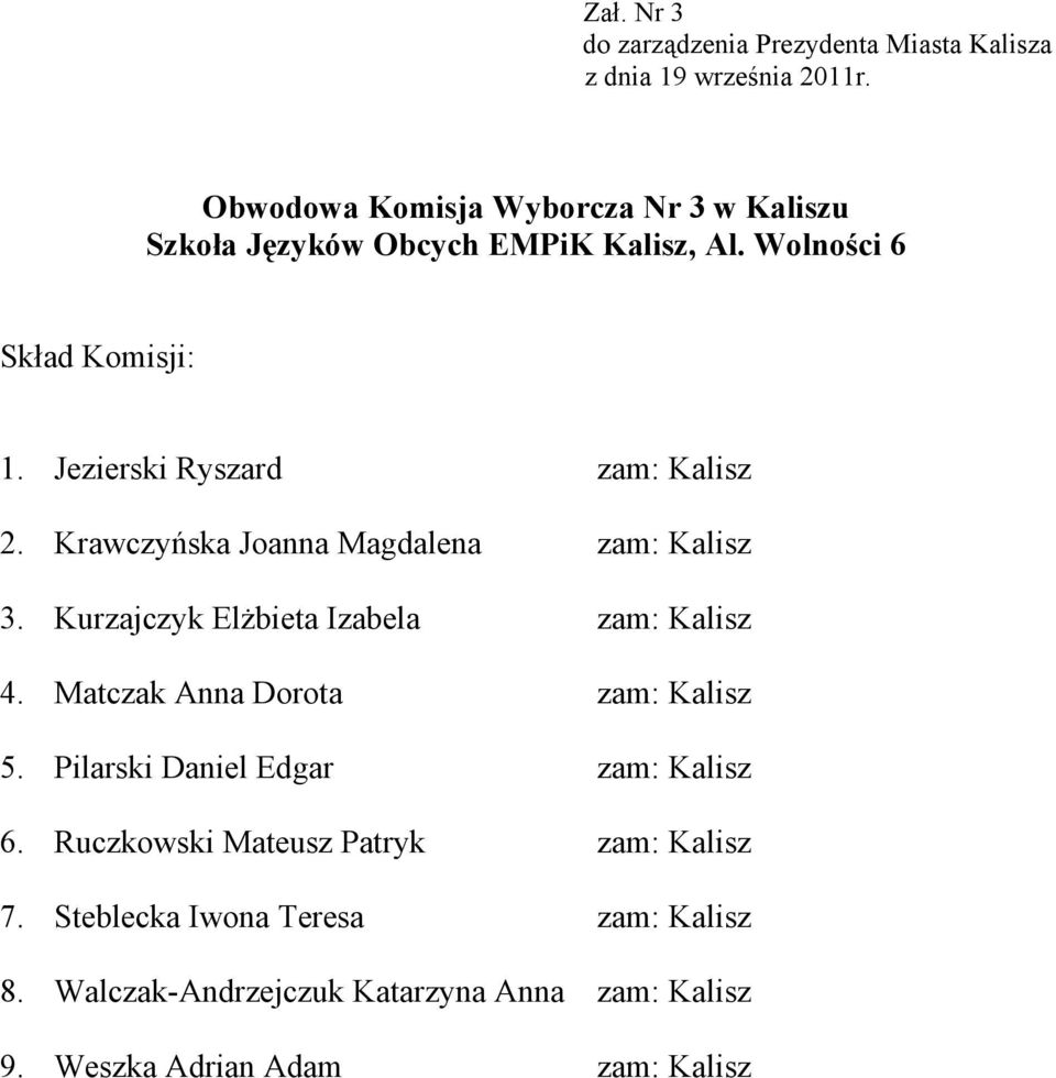 Kurzajczyk Elżbieta Izabela zam: Kalisz 4. Matczak Anna Dorota zam: Kalisz 5. Pilarski Daniel Edgar zam: Kalisz 6.