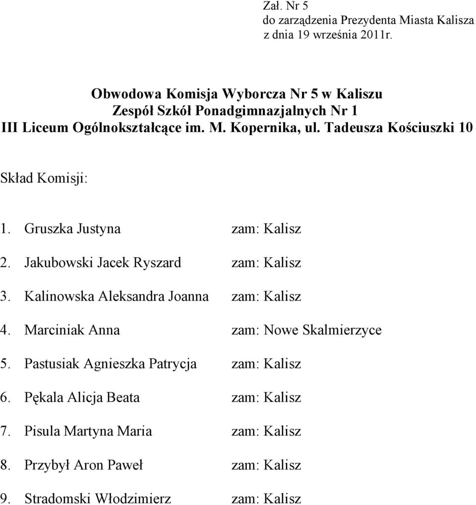 Kalinowska Aleksandra Joanna zam: Kalisz 4. Marciniak Anna zam: Nowe Skalmierzyce 5.