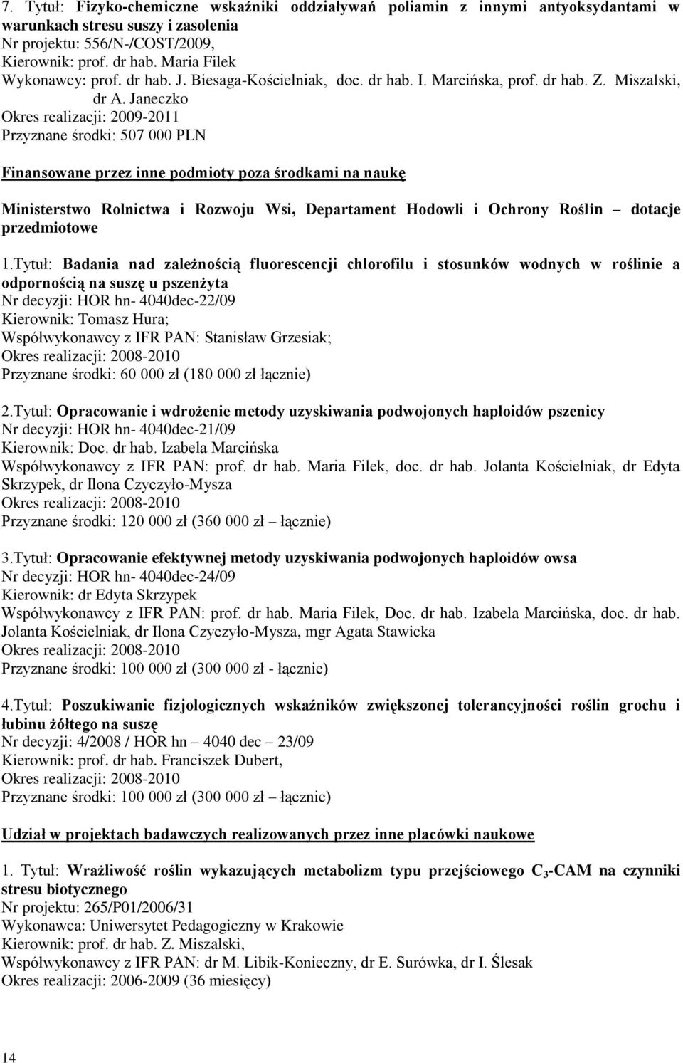 Janeczko Okres realizacji: 2009-2011 Przyznane środki: 507 000 PLN Finansowane przez inne podmioty poza środkami na naukę Ministerstwo Rolnictwa i Rozwoju Wsi, Departament Hodowli i Ochrony Roślin