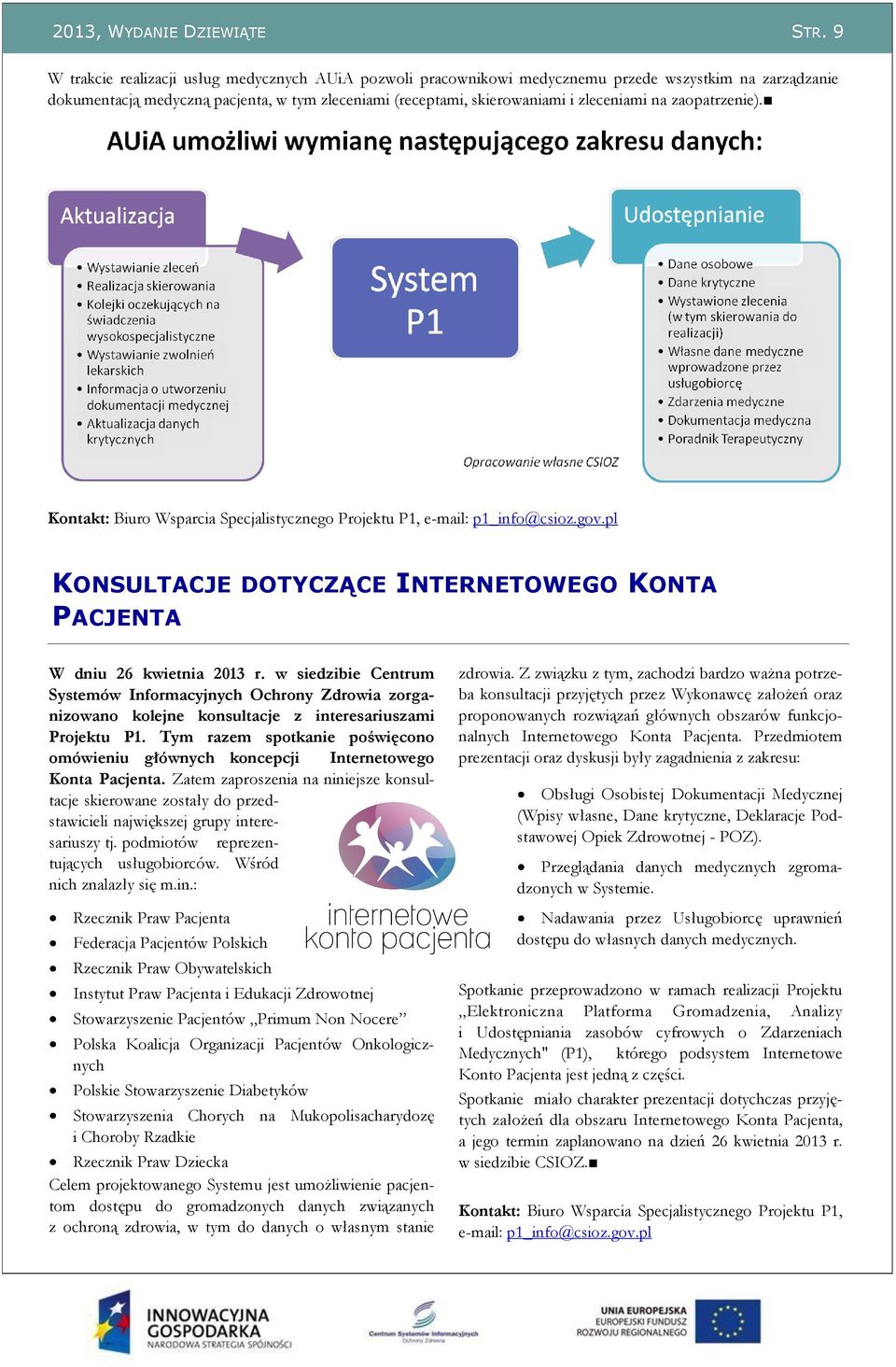 zaopatrzenie). Kontakt: Biuro Wsparcia Specjalistycznego Projektu P1, e-mail: p1_info@csioz.gov.pl KONSULTACJE DOTYCZĄCE INTERNETOWEGO KONTA PACJENTA W dniu 26 kwietnia 2013 r.