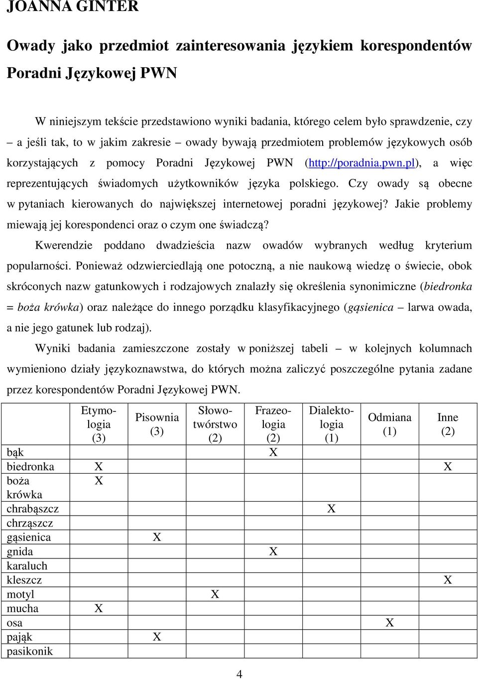 pl), a więc reprezentujących świadomych użytkowników języka polskiego. Czy owady są obecne w pytaniach kierowanych do największej internetowej poradni językowej?