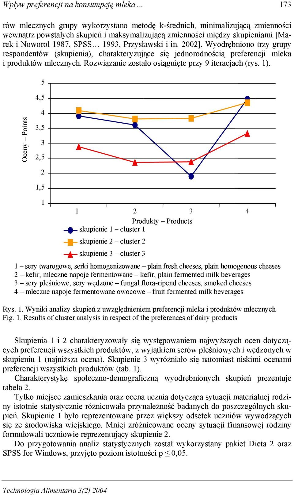 Przysławski i in. 2002]. Wyodrębniono trzy grupy respondentów (skupienia), charakteryzujące się jednorodnością preferencji mleka i produktów mlecznych.