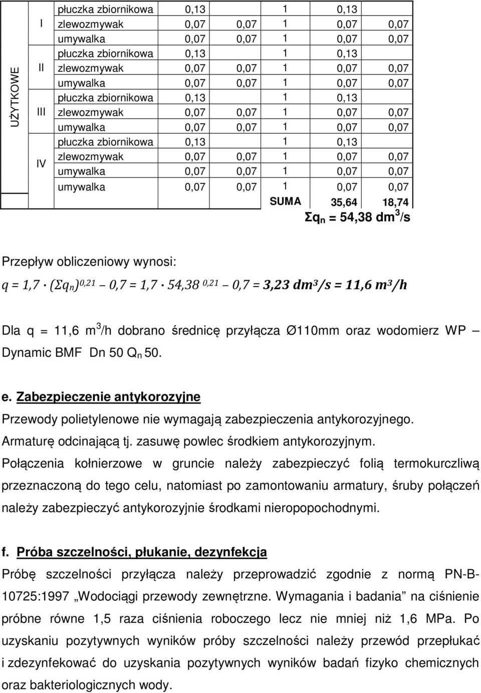 1 0,07 0,07 umywalka 0,07 0,07 1 0,07 0,07 SUMA 35,64 18,74 Σq n = 54,38 dm 3 /s Przepływ obliczeniowy wynosi: q = 1,7 (Σqn) 0,21 0,7 = 1,7 54,38 0,21 0,7 = 3,23 dm 3 /s = 11,6 m 3 /h Dla q = 11,6 m