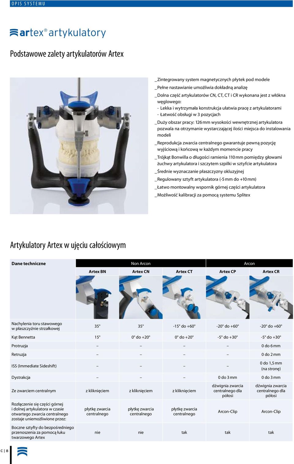 artykulatora pozwala na otrzymanie wystarczającej ilości miejsca do instalowania modeli _ Reprodukcja zwarcia centralnego gwarantuje pewną pozycję wyjściową i końcową w każdym momencie pracy _