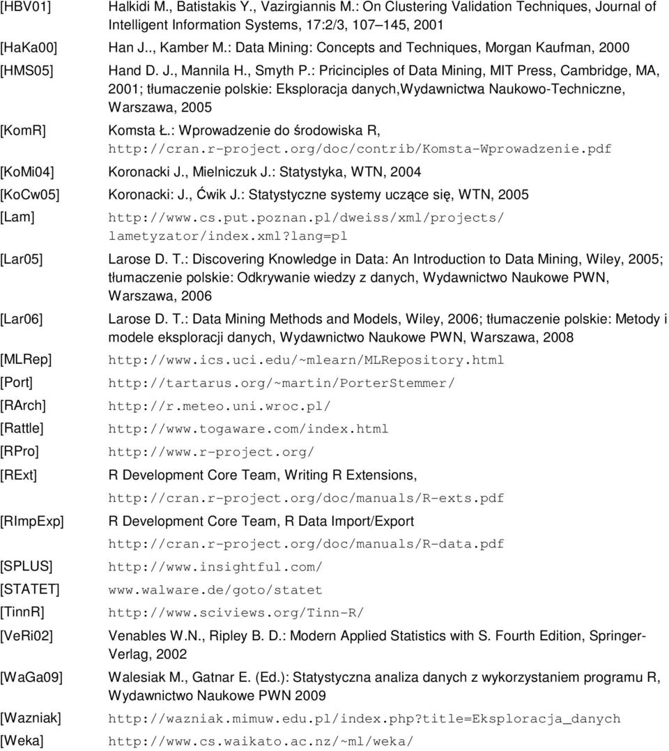 : Pricinciples of Data Mining, MIT Press, Cambridge, MA, 2001; tłumaczenie polskie: Eksploracja danych,wydawnictwa Naukowo-Techniczne, Warszawa, 2005 [KomR] Komsta Ł.