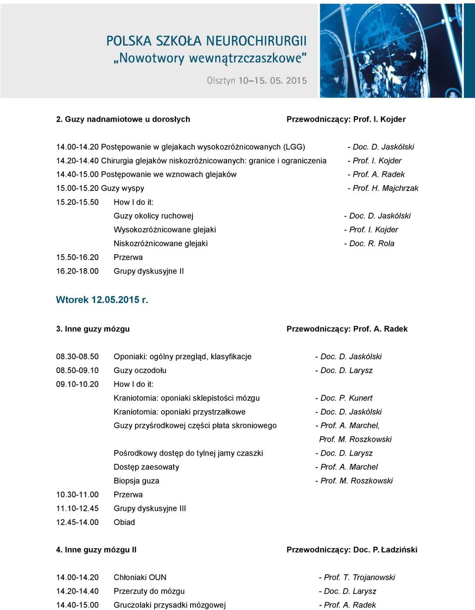 50 How I do it: Guzy okolicy ruchowej - Doc. D. Jaskólski Wysokozróżnicowane glejaki - Prof. I. Kojder Niskozróżnicowane glejaki - Doc. R. Rola 15.50-16.20 Przerwa 16.20-18.