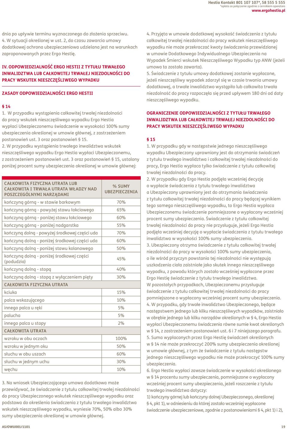 Odpowiedzialność Ergo Hestii z tytułu trwałego inwalidztwa lub całkowitej trwałej niezdolności do pracy wskutek nieszczęśliwego wypadku ZASADY ODPOWIEDZIALNOŚCI ERGO HESTII 14 1.