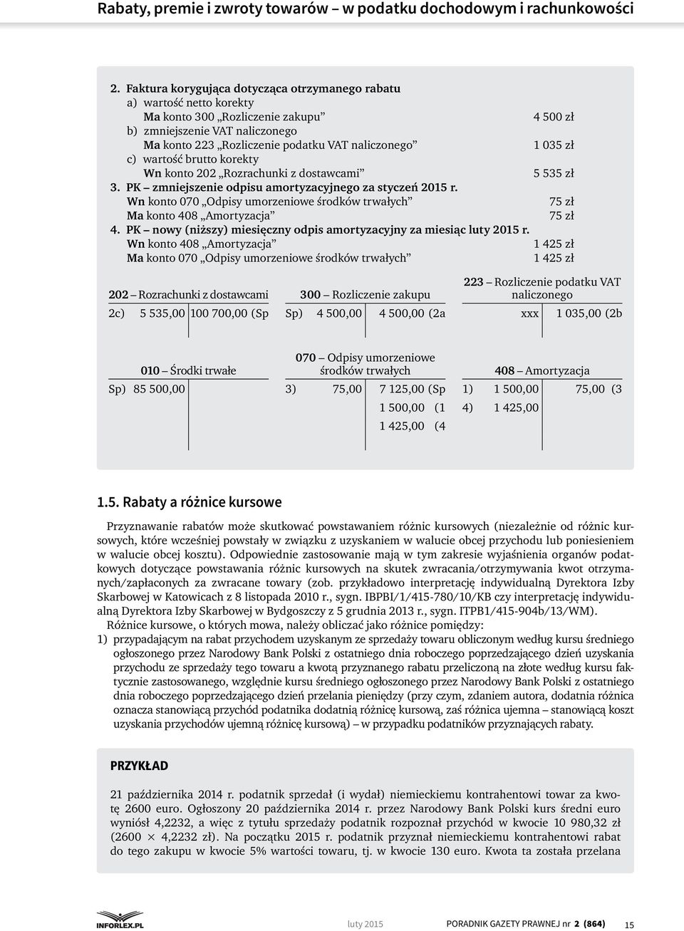 brutto korekty Wn konto 202 Rozrachunki z dostawcami 3. PK zmniejszenie odpisu amortyzacyjnego za styczeń 2015 r. Wn konto 070 Odpisy umorzeniowe środków trwałych Ma konto 408 Amortyzacja 4.