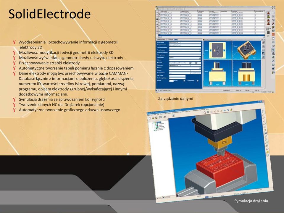 informacjami o położeniu, głębokości drążenia, numerem ID, wartości szczeliny iskrowej, pomiarami, nazwą programu, opisem elektrody zgrubnej/wykaoczającej i innymi dodatkowymi informacjami.