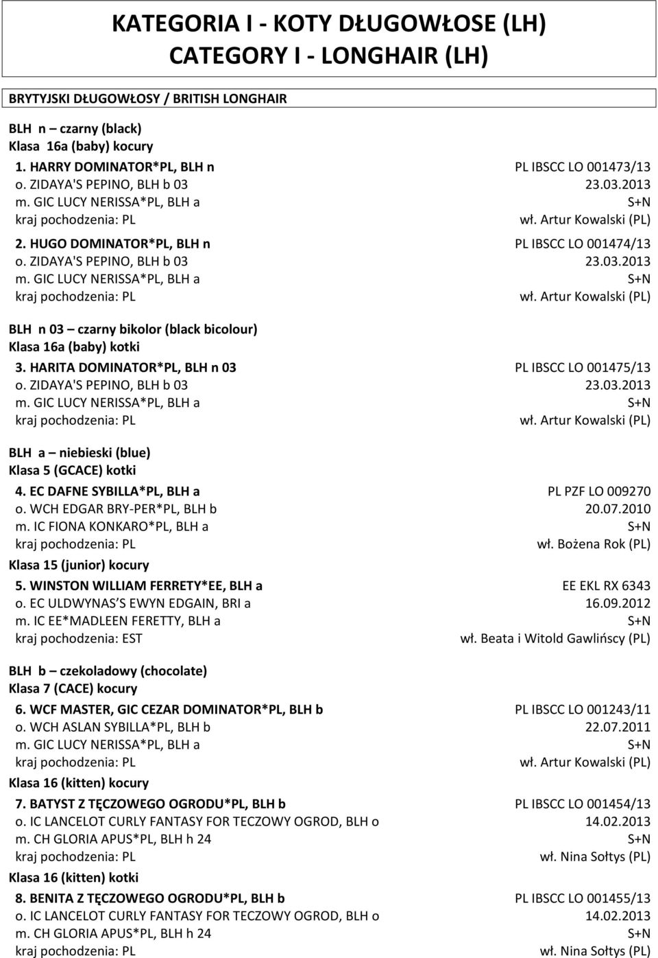 GIC LUCY NERISSA*PL, BLH a BLH n 03 czarny bikolor (black bicolour) Klasa 16a (baby) kotki 3. HARITA DOMINATOR*PL, BLH n 03 o. ZIDAYA'S PEPINO, BLH b 03 m.