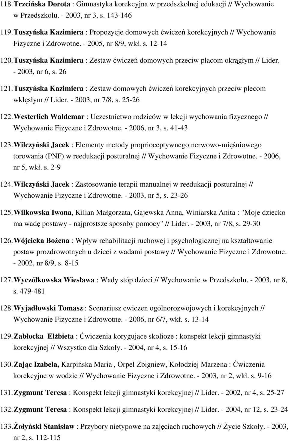 Tuszyńska Kazimiera : Zestaw ćwiczeń domowych przeciw placom okrągłym // Lider. - 2003, nr 6, s. 26 121. Tuszyńska Kazimiera : Zestaw domowych ćwiczeń korekcyjnych przeciw plecom wklęsłym // Lider.