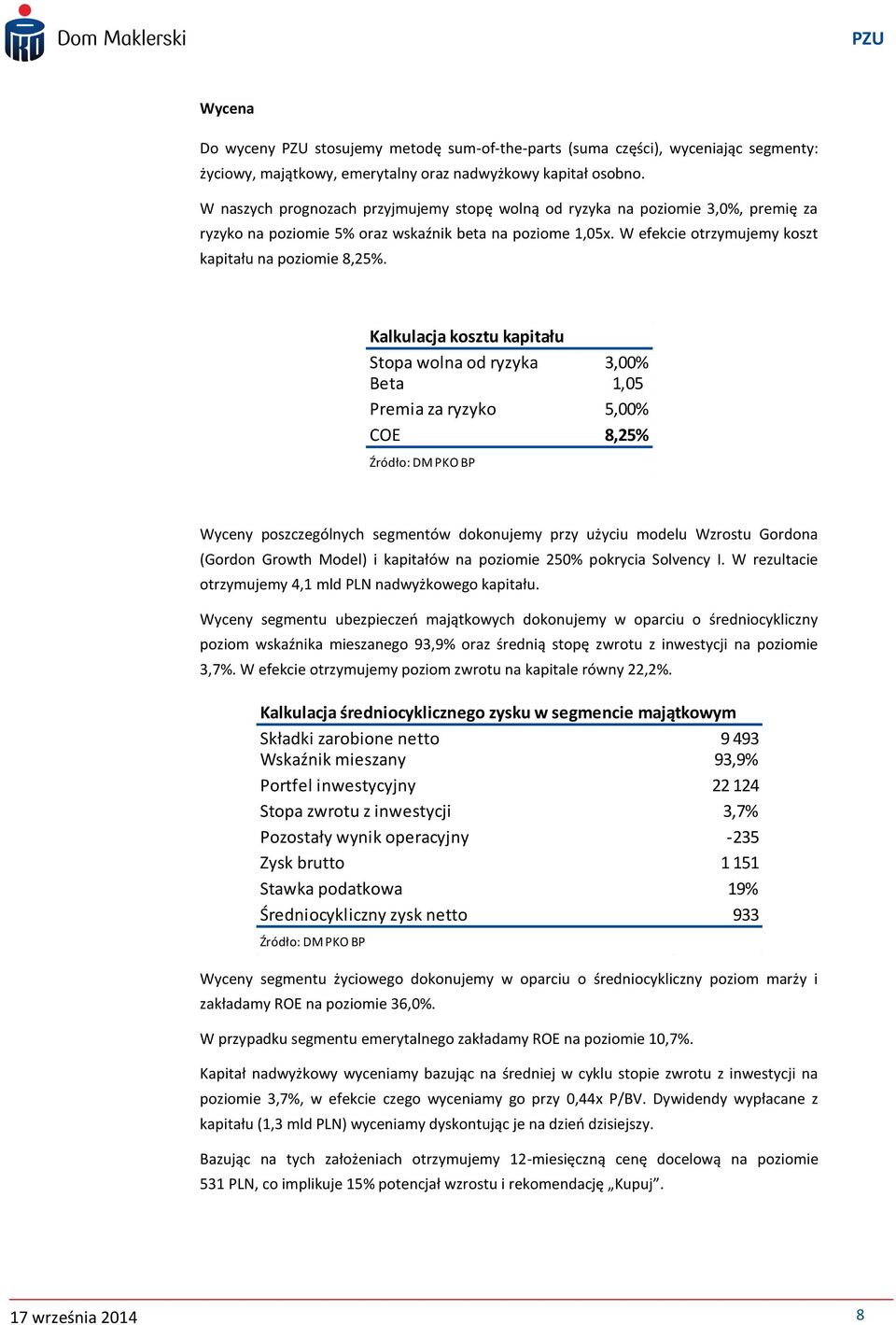 Kalkulacja kosztu kapitału Stopa wolna od ryzyka 3,0 Beta 1,05 Premia za ryzyko 5,0 COE 8,25% Źródło: DM PKO BP Wyceny poszczególnych segmentów dokonujemy przy użyciu modelu Wzrostu Gordona (Gordon