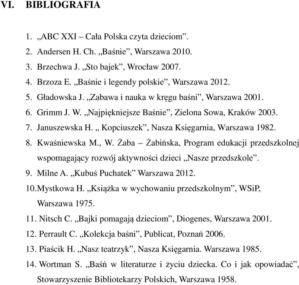 Kwaśniewska M., W. Żaba Żabińska, Program edukacji przedszkolnej wspomagający rozwój aktywności dzieci Nasze przedszkole. 9. Milne A. Kubuś Puchatek Warszawa 2012. 10. Mystkowa H.