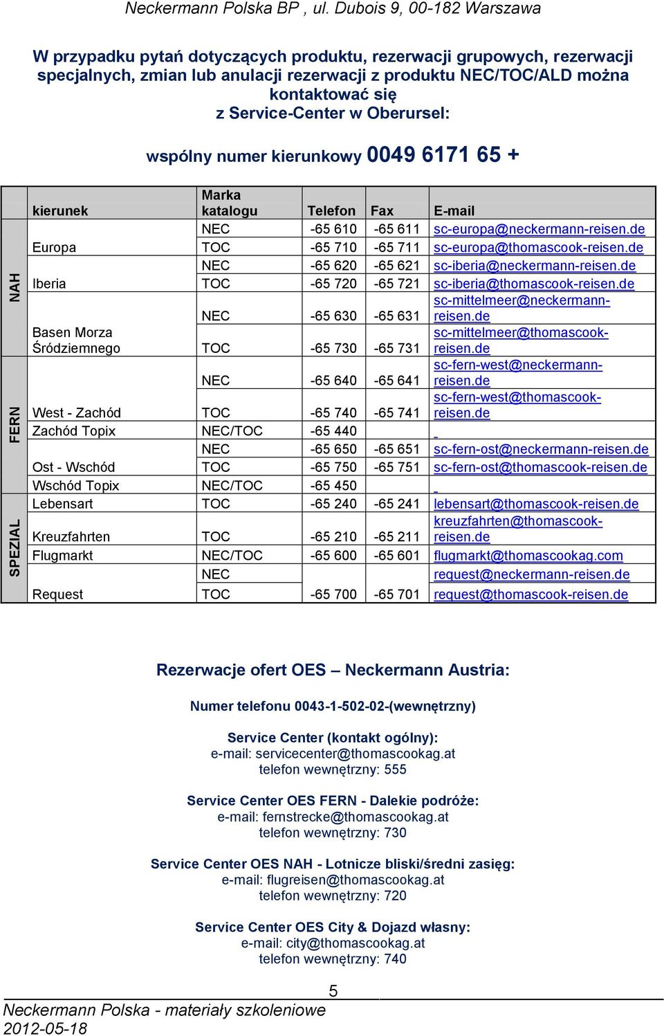 Service-Center w Oberursel: wspólny numer kierunkowy 0049 6171 65 + kierunek Marka katalogu Telefon Fax E-mail NEC -65 610-65 611 sc-europa@neckermann-reisen.