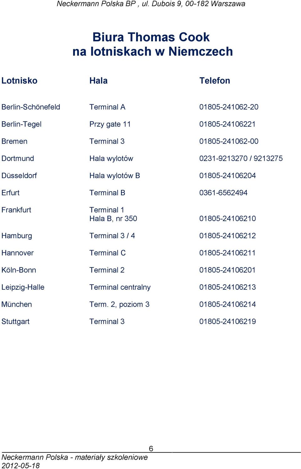 Terminal B 0361-6562494 Frankfurt Terminal 1 Hala B, nr 350 01805-24106210 Hamburg Terminal 3 / 4 01805-24106212 Hannover Terminal C 01805-24106211
