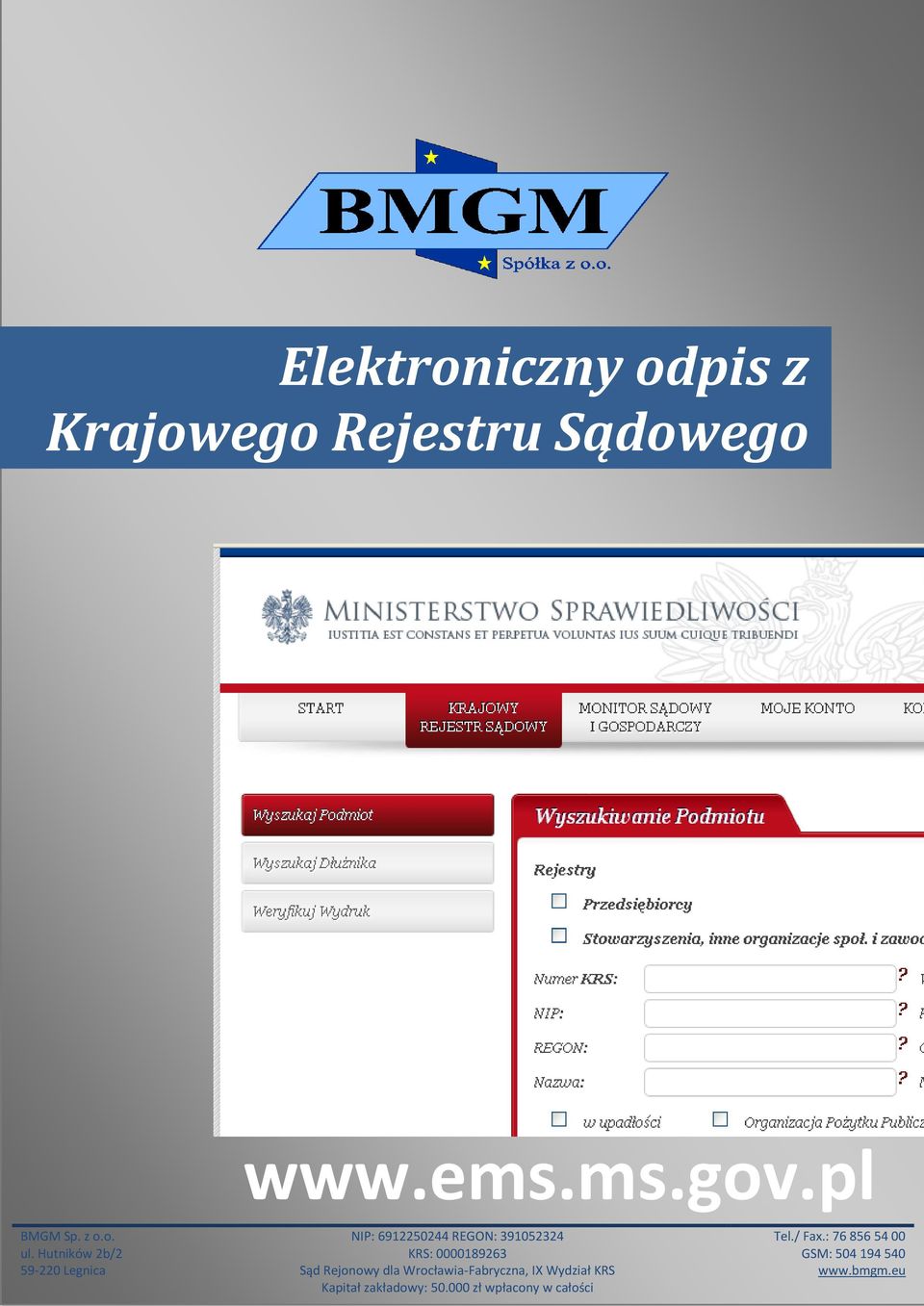 o. Sąd Rejonowy NIP: 6912250244 dla Wrocławia-Fabryczna, REGON: 391052324 IX Wydział KRS Tel./ Fax.: www.bmgm.eu 76 856 54 00 ul.