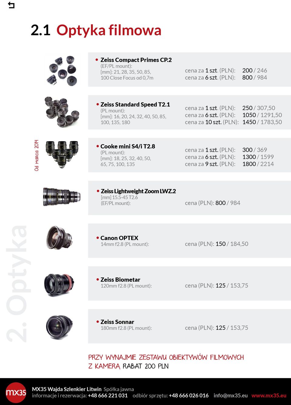 (PLN): 800 / 984 Obiektywy PL 9/1 Zeiss Standard Speed T2.1 Zeiss Standard Speed Mk II T2.1 (PL mount): NOWOÂå Zeiss 16mm, Compact 20mm, 24mm, Primes 32mm, CP.