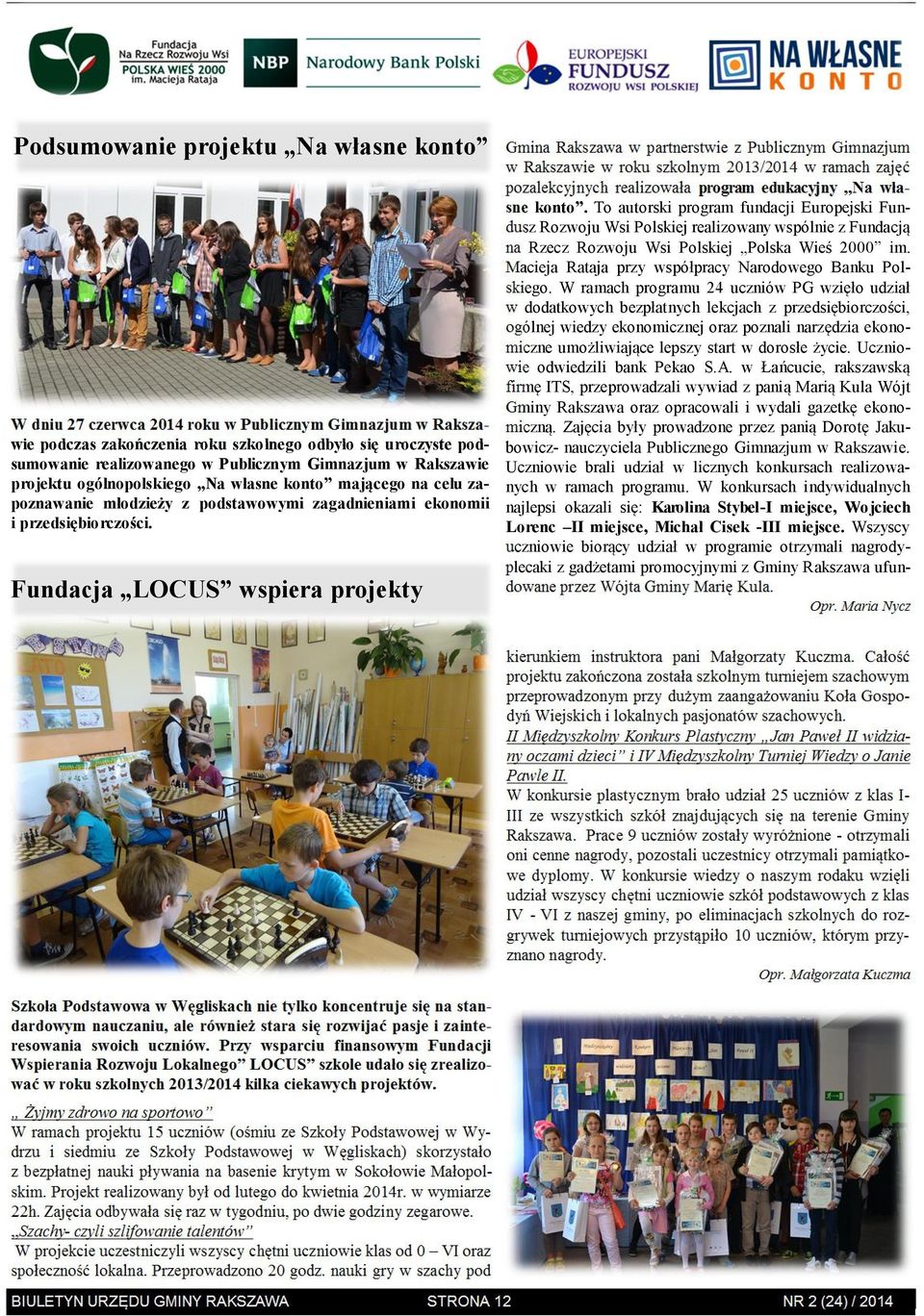 Fundacja LOCUS wspiera projekty Gmina Rakszawa w partnerstwie z Publicznym Gimnazjum w Rakszawie w roku szkolnym 2013/2014 w ramach zajęć pozalekcyjnych realizowała program edukacyjny Na własne konto.