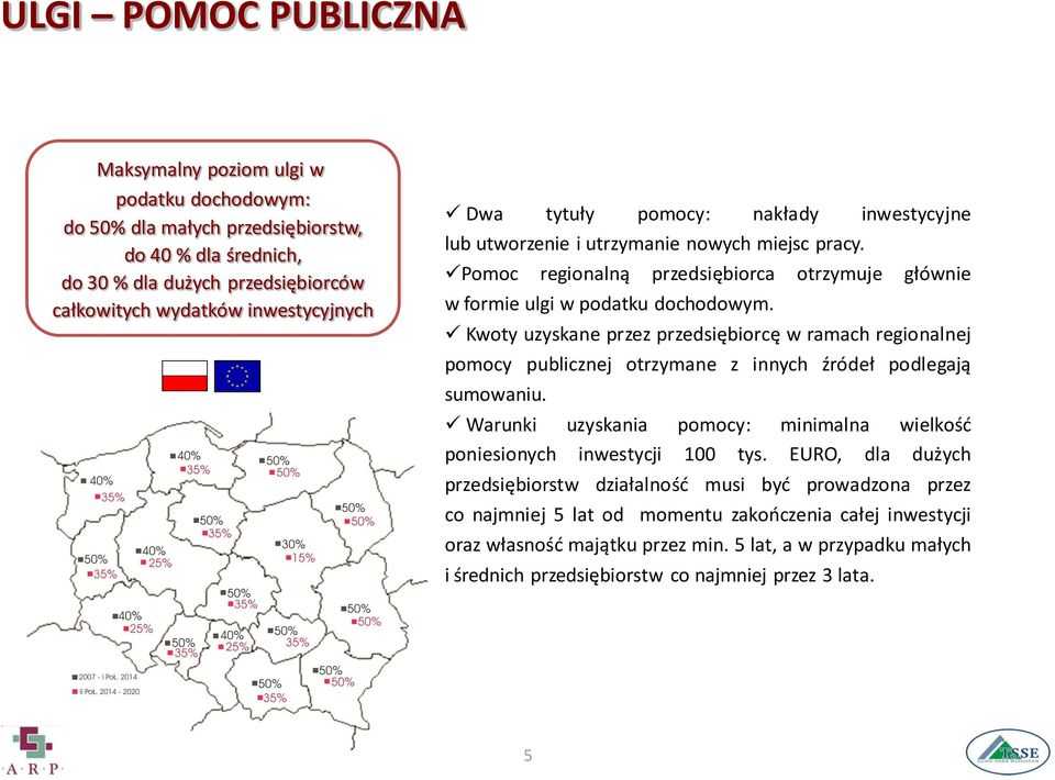 Kwoty uzyskane przez przedsiębiorcę w ramach regionalnej pomocy publicznej otrzymane z innych źródeł podlegają sumowaniu. Warunki uzyskania pomocy: minimalna wielkość poniesionych inwestycji 100 tys.