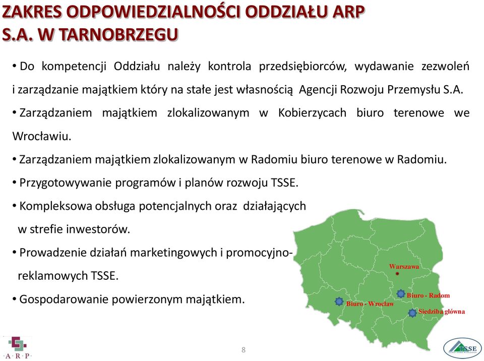 Zarządzaniem majątkiem zlokalizowanym w Radomiu biuro terenowe w Radomiu. Przygotowywanie programów i planów rozwoju TSSE.