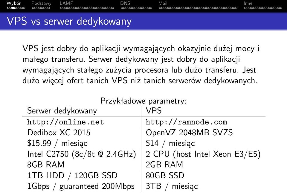 Jest dużo więcej ofert tanich VPS niż tanich serwerów dedykowanych. Przykładowe parametry: Serwer dedykowany VPS http://online.