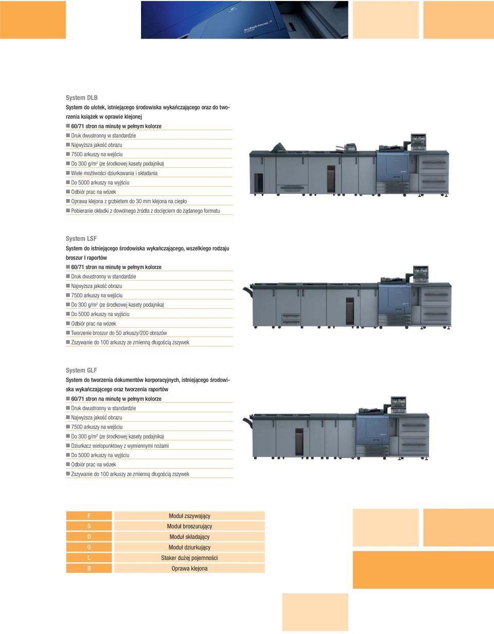 wszelkiego rodzaju broszur I raportów Do 5000 arkuszy na wyjściu Odbiór prac na wózek Tworzenie broszur do 50 arkuszy/200 obrazów Zszywanie do 100 arkuszy ze zmienną długością zszywek System GLF