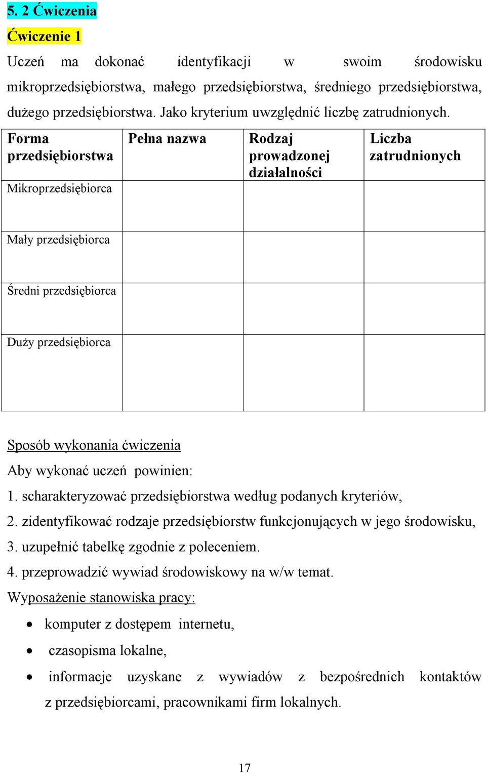 Forma przedsiębiorstwa Mikroprzedsiębiorca Pełna nazwa Rodzaj prowadzonej działalności Liczba zatrudnionych Mały przedsiębiorca Średni przedsiębiorca Duży przedsiębiorca Sposób wykonania ćwiczenia