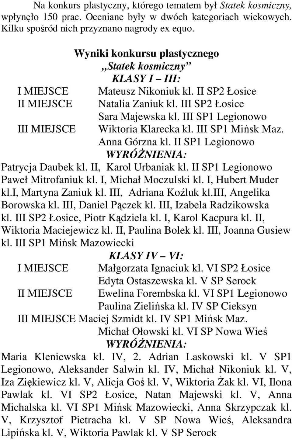 III SP1 Legionowo III MIEJSCE Wiktoria Klarecka kl. III SP1 Mińsk Maz. Anna Górzna kl. II SP1 Legionowo WYRÓśNIENIA: Patrycja Daubek kl. II, Karol Urbaniak kl. II SP1 Legionowo Paweł Mitrofaniuk kl.