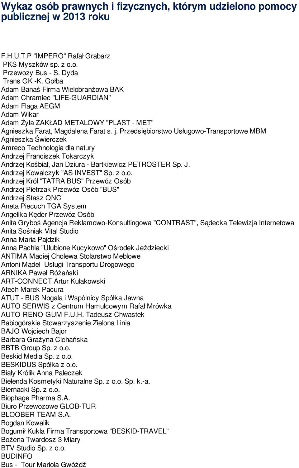 Przedsiębiorstwo Usługowo-Transportowe MBM Agnieszka Świerczek Amreco Technologia dla natury Andrzej Franciszek Tokarczyk Andrzej Kośbiał, Jan Dziura - Bartkiewicz PETROSTER Sp. J. Andrzej Kowalczyk "AS INVEST" Sp.