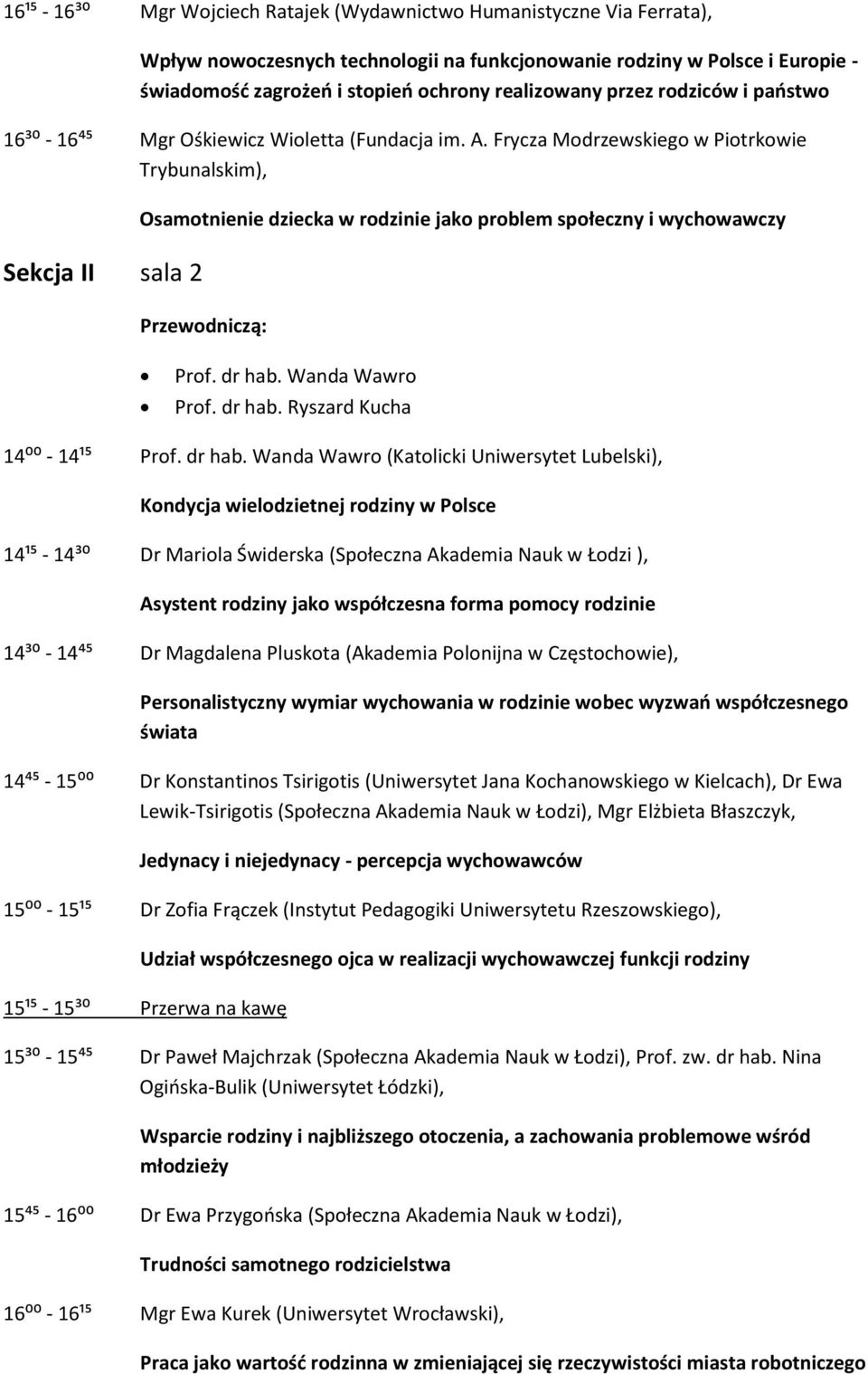 Frycza Modrzewskiego w Piotrkowie Trybunalskim), Sekcja II sala 2 Osamotnienie dziecka w rodzinie jako problem społeczny i wychowawczy Prof. dr hab. Wanda Wawro Prof. dr hab. Ryszard Kucha 14⁰⁰ - 14¹⁵ Prof.