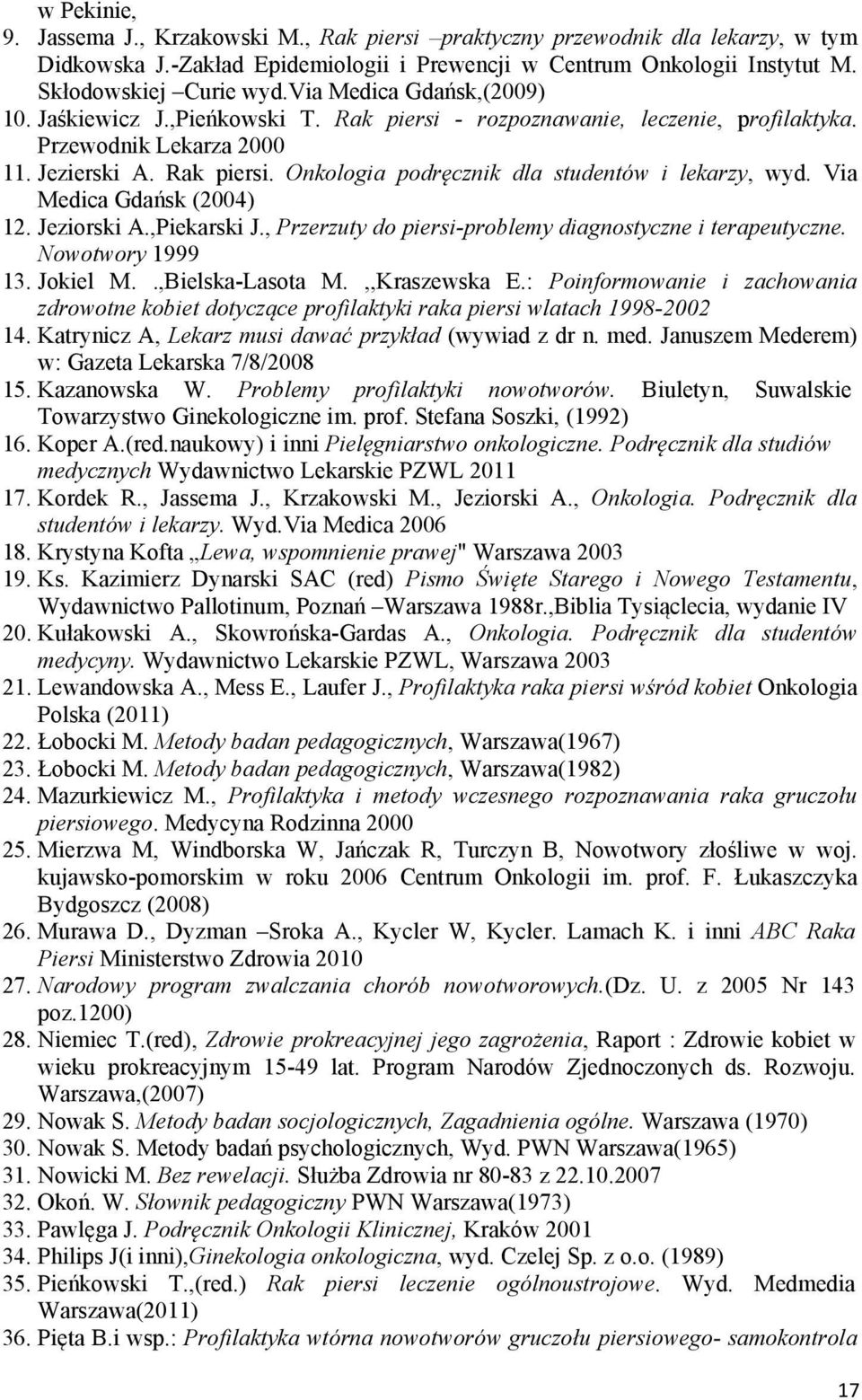 Via Medica Gdańsk (2004) 12. Jeziorski A.,Piekarski J., Przerzuty do piersi-problemy diagnostyczne i terapeutyczne. Nowotwory 1999 13. Jokiel M..,Bielska-Lasota M.,,Kraszewska E.