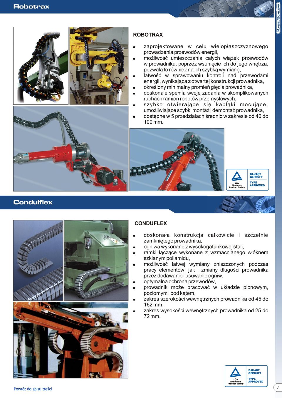 swoje zadania w skomplikowanych ruchach ramion robotów przemys³owych, szybko otwieraj¹ce siê kab³¹ki mocuj¹ce, umo liwiaj¹ce szybki monta i demonta prowadnika, dostêpne w 5 przedzia³ach œrednic w