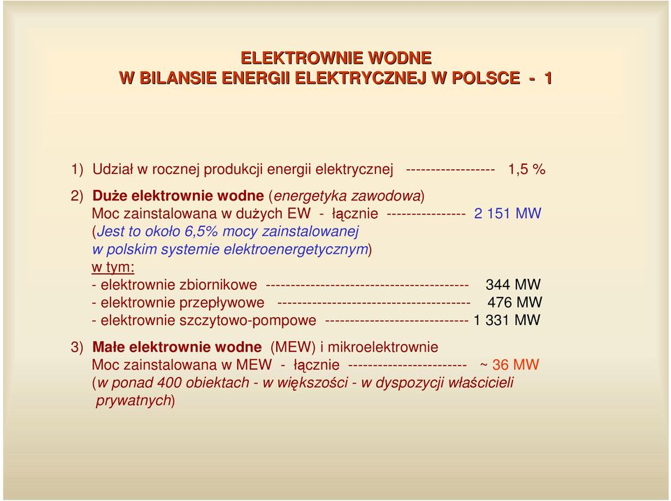 ----------------------------------------- 344 MW - elektrownie przepływowe --------------------------------------- 476 MW - elektrownie szczytowo-pompowe ----------------------------- 1