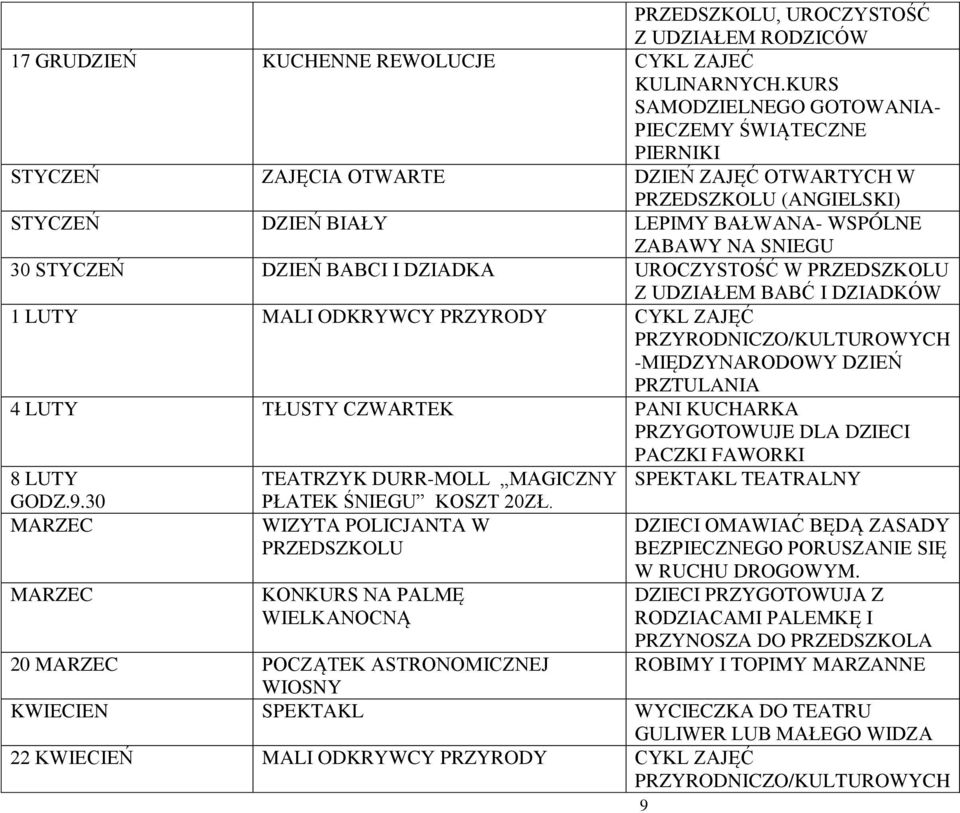 STYCZEŃ DZIEŃ BABCI I DZIADKA UROCZYSTOŚĆ W PRZEDSZKOLU Z UDZIAŁEM BABĆ I DZIADKÓW 1 LUTY MALI ODKRYWCY PRZYRODY CYKL ZAJĘĆ PRZYRODNICZO/KULTUROWYCH -MIĘDZYNARODOWY DZIEŃ PRZTULANIA 4 LUTY TŁUSTY