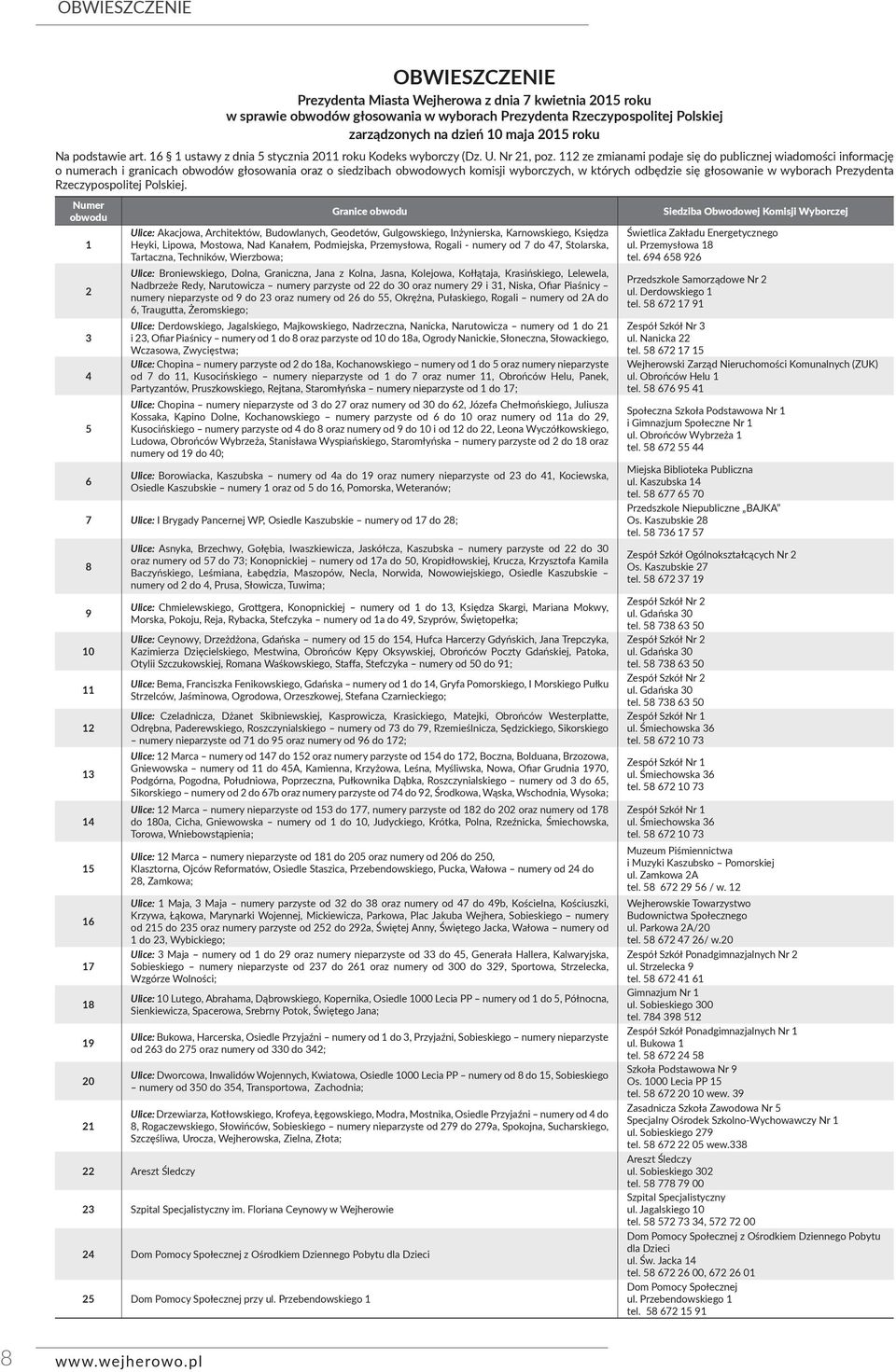 112 ze zmianami podaje się do publicznej wiadomości informację o numerach i granicach obwodów głosowania oraz o siedzibach obwodowych komisji wyborczych, w których odbędzie się głosowanie w wyborach