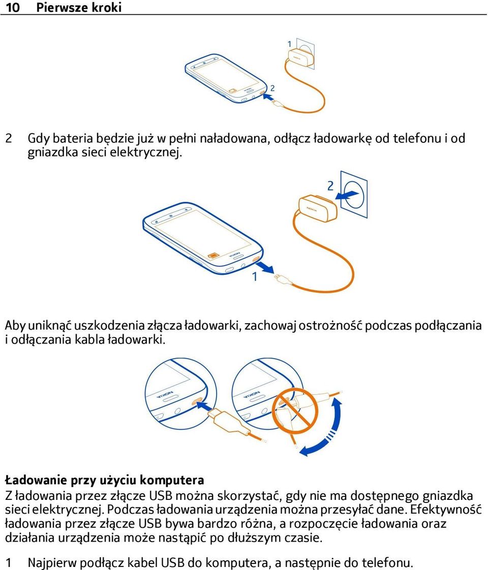 Ładowanie przy użyciu komputera Z ładowania przez złącze USB można skorzystać, gdy nie ma dostępnego gniazdka sieci elektrycznej.