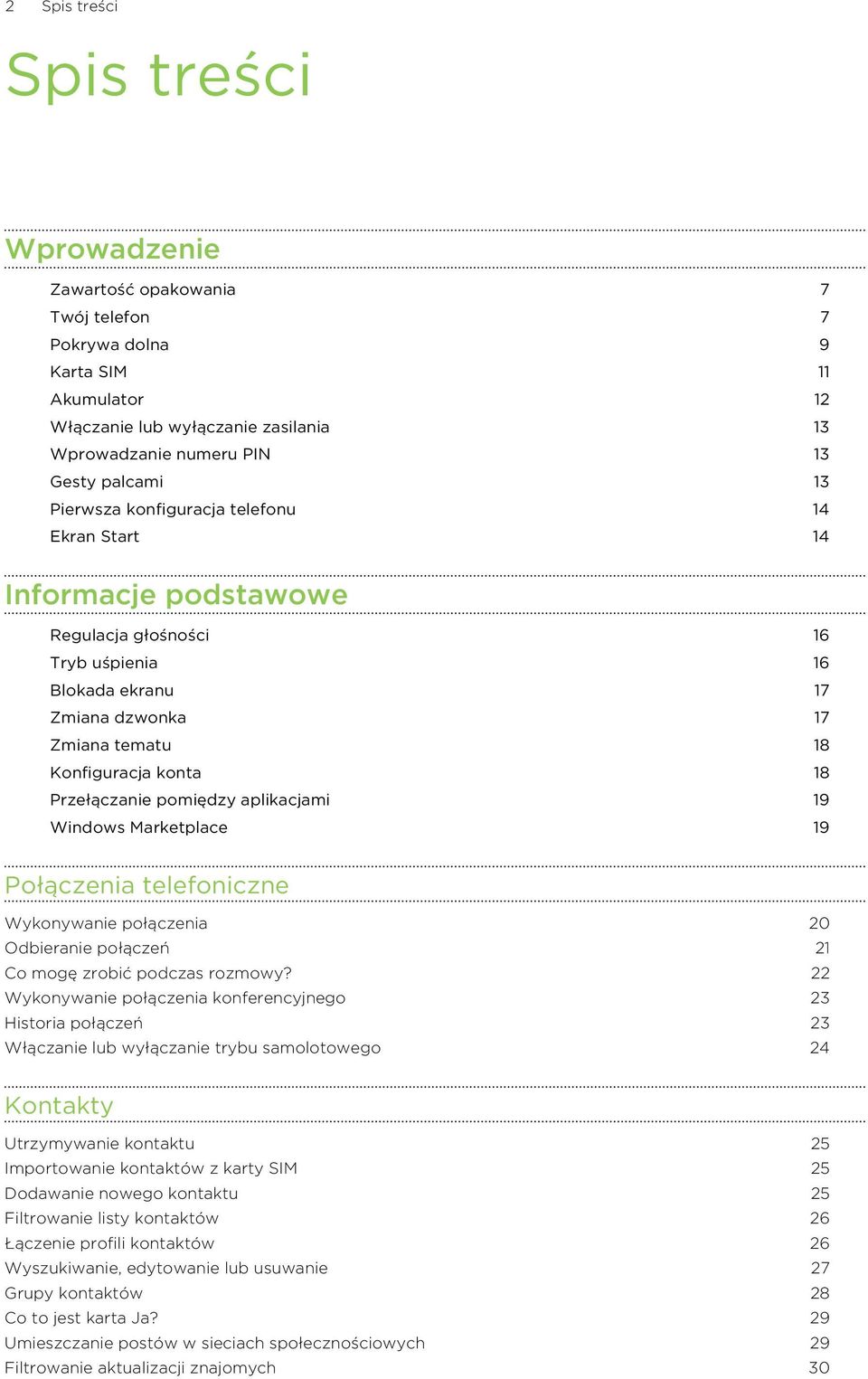 Przełączanie pomiędzy aplikacjami 19 Windows Marketplace 19 Połączenia telefoniczne Wykonywanie połączenia 20 Odbieranie połączeń 21 Co mogę zrobić podczas rozmowy?