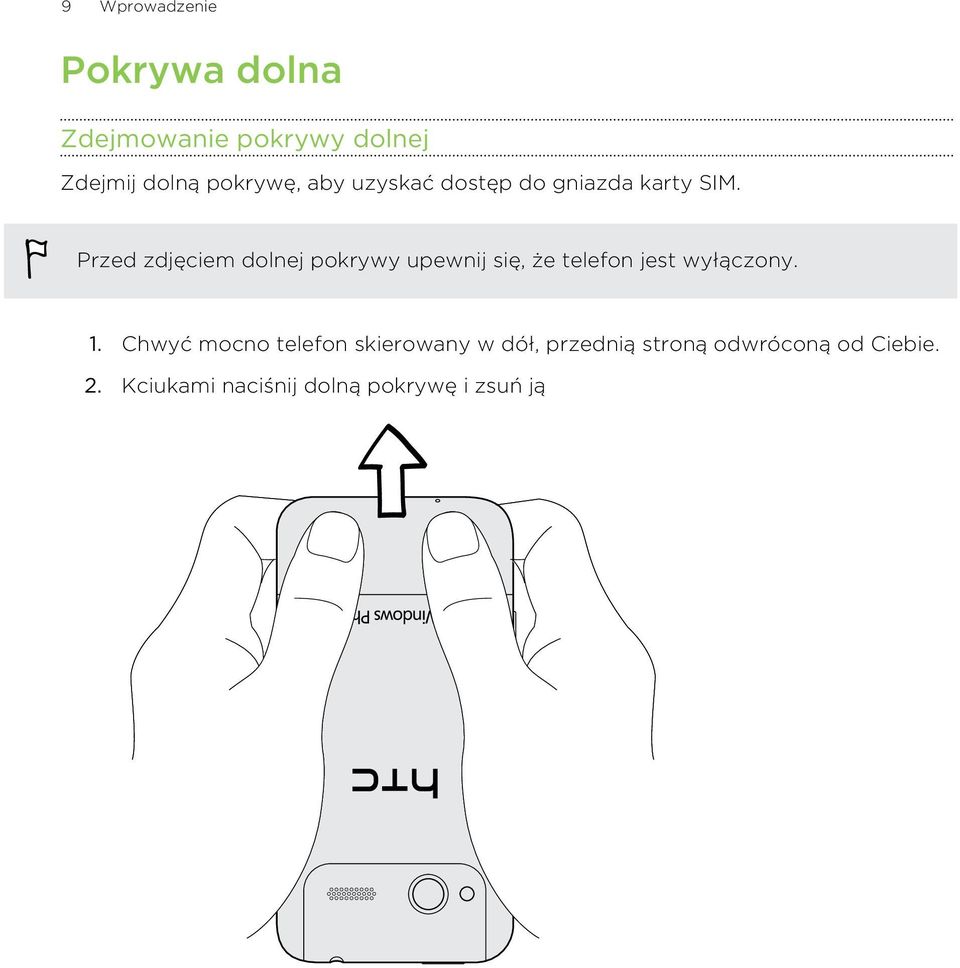 Przed zdjęciem dolnej pokrywy upewnij się, że telefon jest wyłączony. 1.