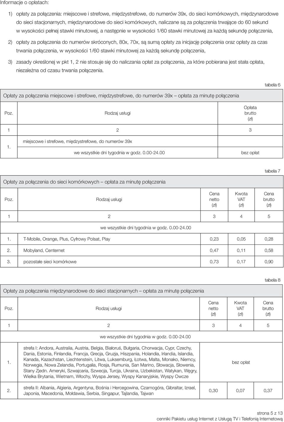 skróconych, 80x, 70x, są sumą opłaty za inicjację połączenia oraz opłaty za czas trwania połączenia, w wysokości 1/60 stawki minutowej za każdą sekundę połączenia, 3) zasady określonej w pkt 1, 2 nie
