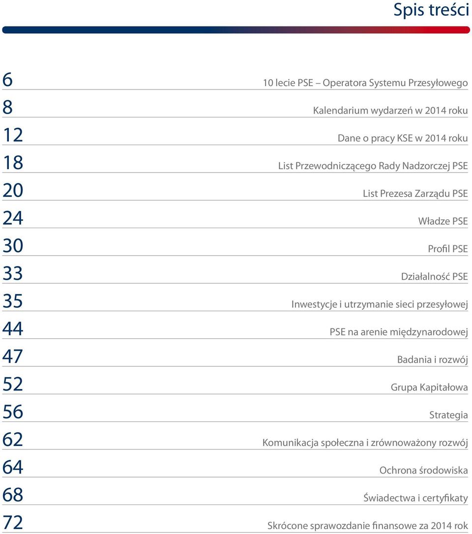 Inwestycje i utrzymanie sieci przesyłowej 44 PSE na arenie międzynarodowej 47 Badania i rozwój 52 Grupa Kapitałowa 56 Strategia
