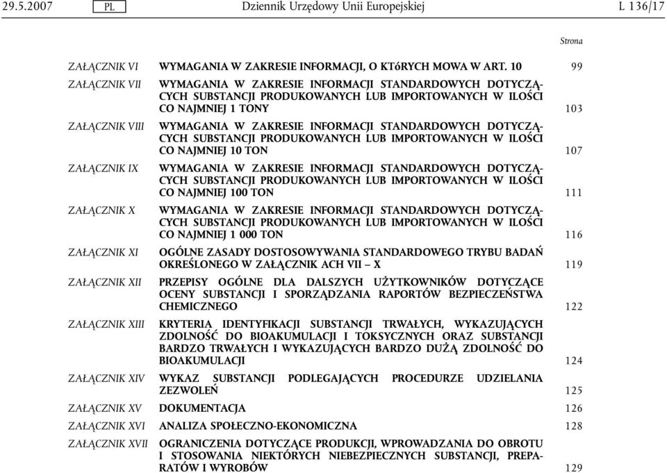 INFORMACJI STANDARDOWYCH DOTYCZĄ- CYCH SUBSTANCJI PRODUKOWANYCH LUB IMPORTOWANYCH W ILOŚCI CO NAJMNIEJ 10 TON 107 ZAŁĄCZNIK IX WYMAGANIA W ZAKRESIE INFORMACJI STANDARDOWYCH DOTYCZĄ- CYCH SUBSTANCJI