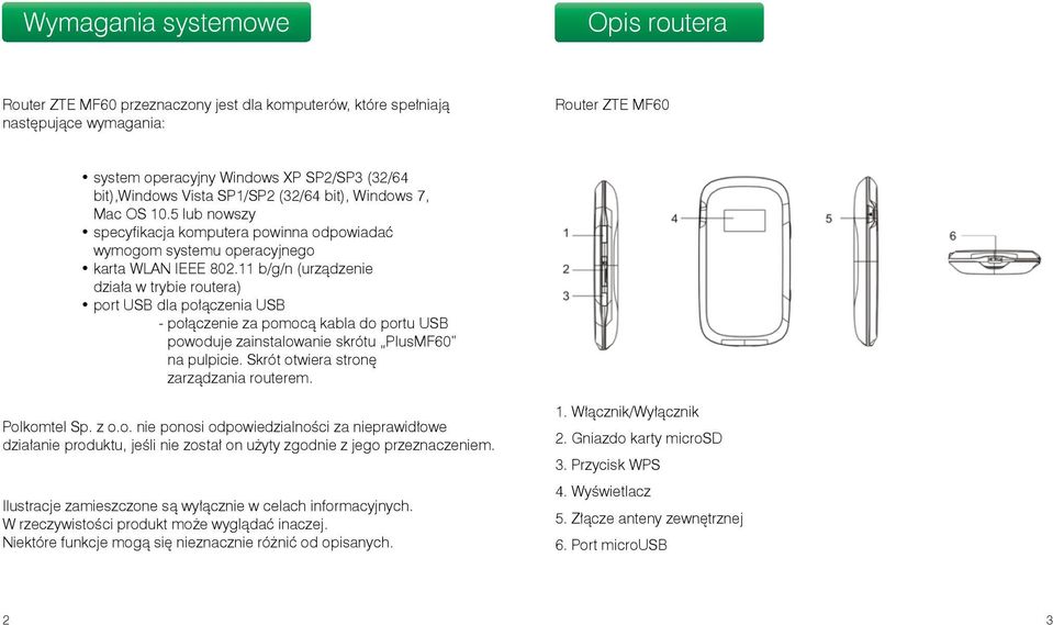 11 b/g/n (urządzenie działa w trybie routera) port USB dla połączenia USB - połączenie za pomocą kabla do portu USB powoduje zainstalowanie skrótu PlusMF60 na pulpicie.