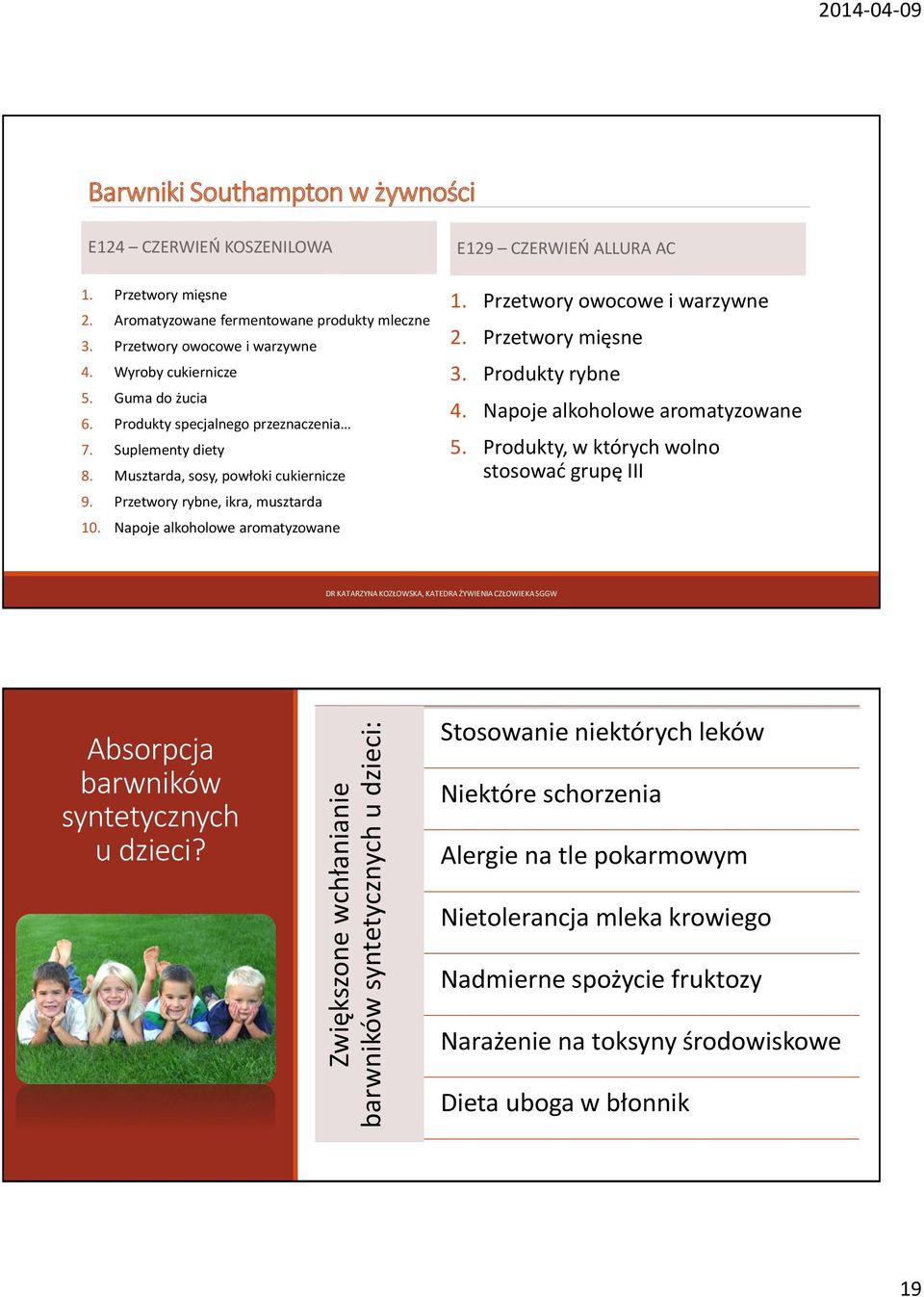 Przetwory rybne, ikra, musztarda 10. Napoje alkoholowe aromatyzowane E129 CZERWIEŃ ALLURA AC 1. Przetwory owocowe i warzywne 2. Przetwory mięsne 3. Produkty rybne 4. Napoje alkoholowe aromatyzowane 5.