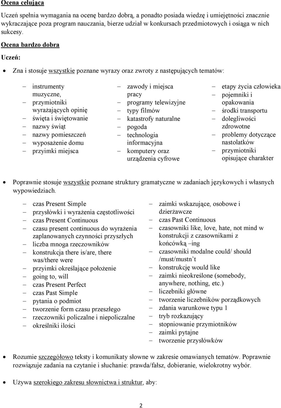 Ocena bardzo dobra Uczeń: Zna i stosuje wszystkie poznane wyrazy oraz zwroty z następujących tematów: - instrumenty muzyczne, wyrażających opinię - święta i świętowanie - nazwy świąt - nazwy