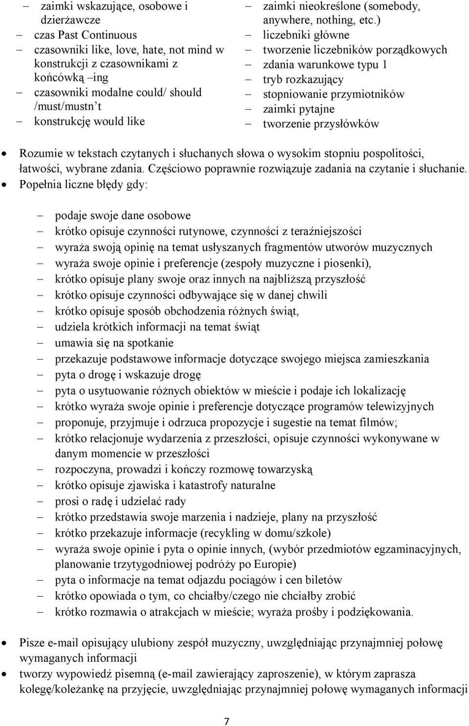 ) - liczebniki główne - tworzenie liczebników porządkowych - zdania warunkowe typu 1 - tryb rozkazujący - stopniowanie przymiotników - zaimki pytajne - tworzenie przysłówków Rozumie w tekstach