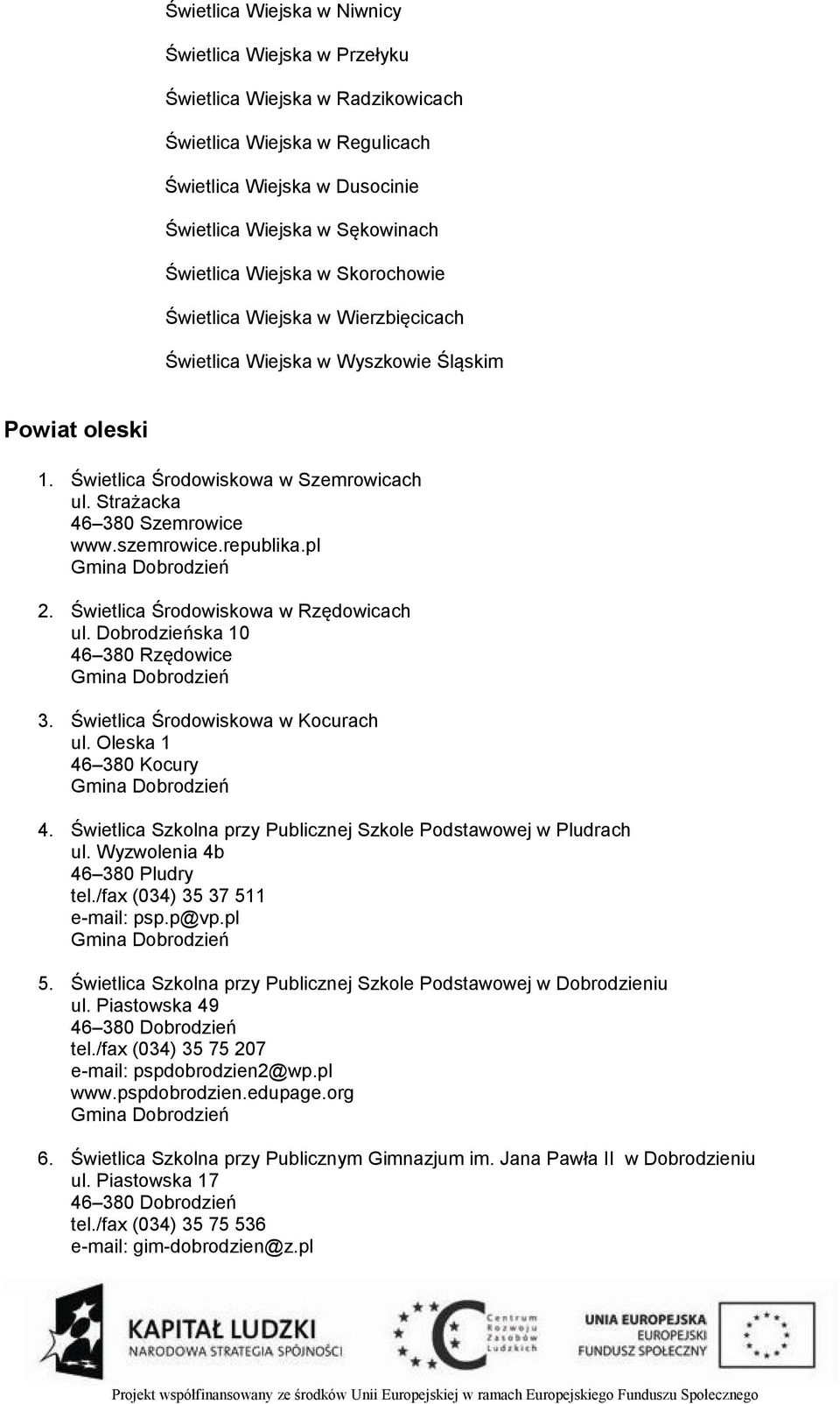 republika.pl Gmina Dobrodzień 2. Świetlica Środowiskowa w Rzędowicach ul. Dobrodzieńska 10 46 380 Rzędowice Gmina Dobrodzień 3. Świetlica Środowiskowa w Kocurach ul.