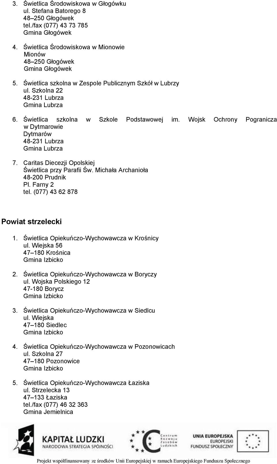 Wojsk Ochrony Pogranicza w Dytmarowie Dytmarów 48-231 Lubrza Gmina Lubrza 7. Caritas Diecezji Opolskiej Świetlica przy Parafii Św. Michała Archanioła 48-200 Prudnik Pl. Farny 2 tel.